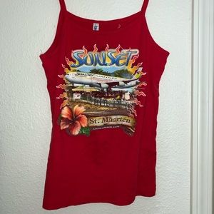 Red muscle shirt , “sunset” logo